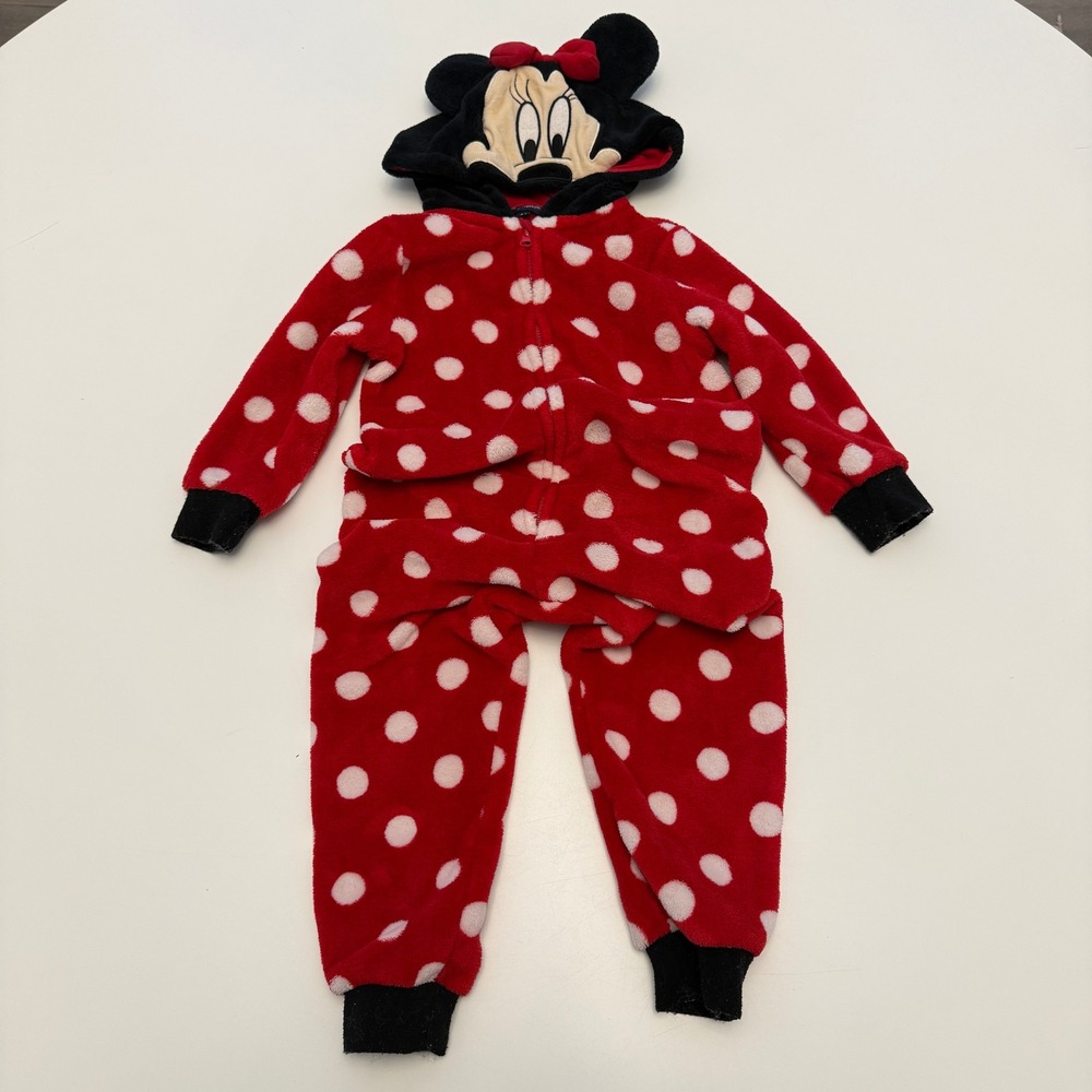 Disneyland Paris Minnie Mouse Red Polka Dot Fleece One-Piece Pajamas Toddler 4A